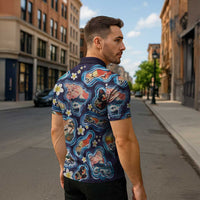 Hawaii Islands Map Design with Japanese Landscape Zipper Polo Shirt Hawaiian Japan Fusion Art Navy Color LT03 - Polynesian Pride