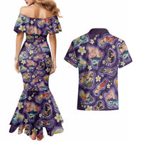 Hawaii Islands Map Design with Japanese Landscape Couples Matching Mermaid Dress and Hawaiian Shirt Hawaiian Japan Fusion Art Purple Color LT03 - Polynesian Pride