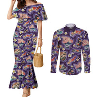Hawaii Islands Map Design with Japanese Landscape Couples Matching Mermaid Dress and Long Sleeve Button Shirt Hawaiian Japan Fusion Art Purple Color LT03 Purple - Polynesian Pride