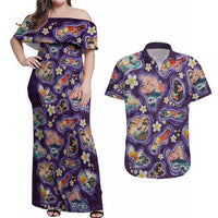 Hawaii Islands Map Design with Japanese Landscape Couples Matching Off Shoulder Maxi Dress and Hawaiian Shirt Hawaiian Japan Fusion Art Purple Color LT03 Purple - Polynesian Pride