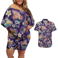 Hawaii Islands Map Design with Japanese Landscape Couples Matching Off Shoulder Short Dress and Hawaiian Shirt Hawaiian Japan Fusion Art Purple Color LT03 Purple - Polynesian Pride
