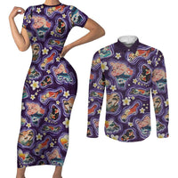 Hawaii Islands Map Design with Japanese Landscape Couples Matching Short Sleeve Bodycon Dress and Long Sleeve Button Shirt Hawaiian Japan Fusion Art Purple Color LT03 Purple - Polynesian Pride