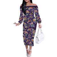 Hawaii Islands Map Design with Japanese Landscape Family Matching Off The Shoulder Long Sleeve Dress and Hawaiian Shirt Hawaiian Japan Fusion Art Purple Color LT03 Mom's Dress Purple - Polynesian Pride
