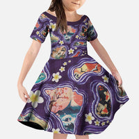 Hawaii Islands Map Design with Japanese Landscape Family Matching Off Shoulder Maxi Dress and Hawaiian Shirt Hawaiian Japan Fusion Art Purple Color LT03 Daughter's Dress Purple - Polynesian Pride