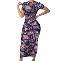 Hawaii Islands Map Design with Japanese Landscape Family Matching Short Sleeve Bodycon Dress and Hawaiian Shirt Hawaiian Japan Fusion Art Purple Color LT03 Mom's Dress Purple - Polynesian Pride
