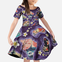 Hawaii Islands Map Design with Japanese Landscape Kid Short Sleeve Dress Hawaiian Japan Fusion Art Purple Color LT03 KID Purple - Polynesian Pride