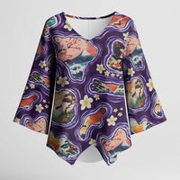Hawaii Islands Map Design with Japanese Landscape Kimono Sleeve Blouse Hawaiian Japan Fusion Art Purple Color LT03 Female Purple - Polynesian Pride