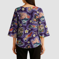 Hawaii Islands Map Design with Japanese Landscape Kimono Sleeve Blouse Hawaiian Japan Fusion Art Purple Color LT03 - Polynesian Pride