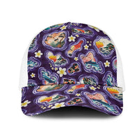 Hawaii Islands Map Design with Japanese Landscape Mesh Trucker Cap Hawaiian Japan Fusion Art Purple Color LT03 One Size White Purple - Polynesian Pride