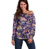 Hawaii Islands Map Design with Japanese Landscape Off Shoulder Sweater Hawaiian Japan Fusion Art Purple Color LT03 Women Purple - Polynesian Pride