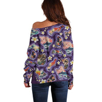 Hawaii Islands Map Design with Japanese Landscape Off Shoulder Sweater Hawaiian Japan Fusion Art Purple Color LT03 - Polynesian Pride