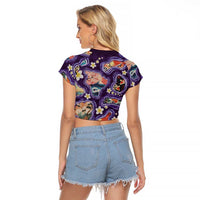 Hawaii Islands Map Design with Japanese Landscape Raglan Cropped T Shirt Hawaiian Japan Fusion Art Purple Color LT03 - Polynesian Pride