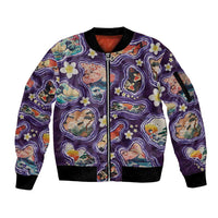 Hawaii Islands Map Design with Japanese Landscape Sleeve Zip Bomber Jacket Hawaiian Japan Fusion Art Purple Color LT03 Unisex Purple - Polynesian Pride