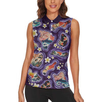 Hawaii Islands Map Design with Japanese Landscape Women Sleeveless Polo Shirt Hawaiian Japan Fusion Art Purple Color LT03 - Polynesian Pride