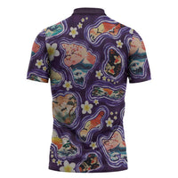 Hawaii Islands Map Design with Japanese Landscape Zipper Polo Shirt Hawaiian Japan Fusion Art Purple Color LT03 - Polynesian Pride