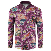 Hawaii Islands Map Design with Japanese Landscape Button Sweatshirt Hawaiian Japan Fusion Art Pink Color