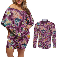 Hawaii Islands Map Design with Japanese Landscape Couples Matching Off Shoulder Short Dress and Long Sleeve Button Shirt Hawaiian Japan Fusion Art Pink Color LT03 Pink - Polynesian Pride