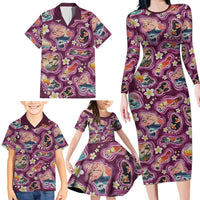 Hawaii Islands Map Design with Japanese Landscape Family Matching Long Sleeve Bodycon Dress and Hawaiian Shirt Hawaiian Japan Fusion Art Pink Color LT03 - Polynesian Pride