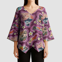 Hawaii Islands Map Design with Japanese Landscape Kimono Sleeve Blouse Hawaiian Japan Fusion Art Pink Color LT03 - Polynesian Pride