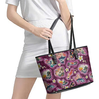 Hawaii Islands Map Design with Japanese Landscape Leather Tote Bag Hawaiian Japan Fusion Art Pink Color LT03 - Polynesian Pride