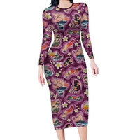 Hawaii Islands Map Design with Japanese Landscape Long Sleeve Bodycon Dress Hawaiian Japan Fusion Art Pink Color LT03 Long Dress Pink - Polynesian Pride