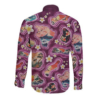 Hawaii Islands Map Design with Japanese Landscape Long Sleeve Button Shirt Hawaiian Japan Fusion Art Pink Color LT03 - Polynesian Pride