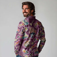 Hawaii Islands Map Design with Japanese Landscape Long Sleeve Polo Shirt Hawaiian Japan Fusion Art Pink Color LT03 - Polynesian Pride