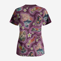 Hawaii Islands Map Design with Japanese Landscape Scrub Top Hawaiian Japan Fusion Art Pink Color LT03 - Polynesian Pride