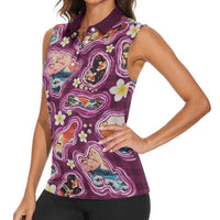 Hawaii Islands Map Design with Japanese Landscape Women Sleeveless Polo Shirt Hawaiian Japan Fusion Art Pink Color LT03 - Polynesian Pride