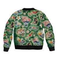 Hawaiian and Japanese Culture Together Bomber Jacket Hawaiian Island Shapes with Japanese Landscape Green Color LT03 - Polynesian Pride