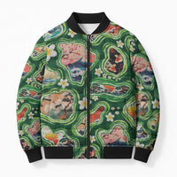 Hawaiian and Japanese Culture Together Bomber Puffer Jacket Hawaiian Island Shapes with Japanese Landscape Green Color LT03 Unisex Green - Polynesian Pride