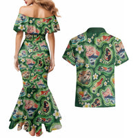 Hawaiian and Japanese Culture Together Couples Matching Mermaid Dress and Hawaiian Shirt Hawaiian Island Shapes with Japanese Landscape Green Color LT03 - Polynesian Pride