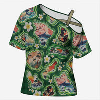 Hawaiian and Japanese Culture Together Cross Shoulder Shirt Hawaiian Island Shapes with Japanese Landscape Green Color LT03 Female Green - Polynesian Pride