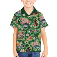Hawaiian and Japanese Culture Together Family Matching Long Sleeve Bodycon Dress and Hawaiian Shirt Hawaiian Island Shapes with Japanese Landscape Green Color LT03 Son's Shirt Green - Polynesian Pride