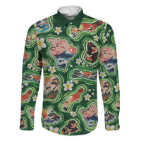 Hawaiian and Japanese Culture Together Family Matching Tank Maxi Dress and Hawaiian Shirt Hawaiian Island Shapes with Japanese Landscape Green Color LT03 Dad's Shirt - Long Sleeve Green - Polynesian Pride