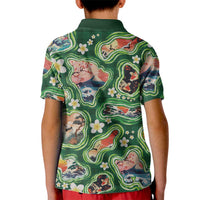 Hawaiian and Japanese Culture Together Kid Polo Shirt Hawaiian Island Shapes with Japanese Landscape Green Color LT03 - Polynesian Pride