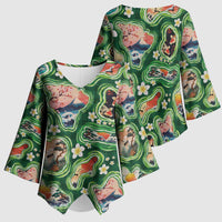 Hawaiian and Japanese Culture Together Kimono Sleeve Blouse Hawaiian Island Shapes with Japanese Landscape Green Color LT03 - Polynesian Pride