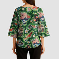 Hawaiian and Japanese Culture Together Kimono Sleeve Blouse Hawaiian Island Shapes with Japanese Landscape Green Color LT03 - Polynesian Pride