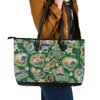 Hawaiian and Japanese Culture Together Leather Tote Bag Hawaiian Island Shapes with Japanese Landscape Green Color LT03 - Polynesian Pride