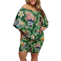Hawaiian and Japanese Culture Together Off Shoulder Short Dress Hawaiian Island Shapes with Japanese Landscape Green Color LT03 Women Green - Polynesian Pride