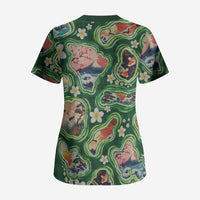 Hawaiian and Japanese Culture Together Scrub Top Hawaiian Island Shapes with Japanese Landscape Green Color LT03 - Polynesian Pride