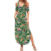 Hawaiian and Japanese Culture Together Summer Maxi Dress Hawaiian Island Shapes with Japanese Landscape Green Color LT03 Women Green - Polynesian Pride