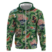 Hawaiian and Japanese Culture Together Zip Hoodie Hawaiian Island Shapes with Japanese Landscape Green Color LT03 Zip Hoodie Green - Polynesian Pride