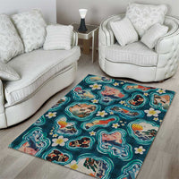 Hawaiian and Japanese Culture Together Area Rug Hawaiian Island Shapes with Japanese Landscape Teal Color LT03 - Polynesian Pride