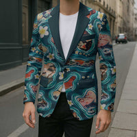 Hawaiian and Japanese Culture Together Blazer Hawaiian Island Shapes with Japanese Landscape Teal Color LT03 - Polynesian Pride