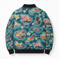 Hawaiian and Japanese Culture Together Bomber Puffer Jacket Hawaiian Island Shapes with Japanese Landscape Teal Color LT03 - Polynesian Pride