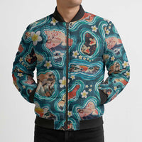 Hawaiian and Japanese Culture Together Bomber Puffer Jacket Hawaiian Island Shapes with Japanese Landscape Teal Color LT03 - Polynesian Pride