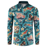 Hawaiian and Japanese Culture Together Button Sweatshirt Hawaiian Island Shapes with Japanese Landscape Teal Color LT03 Teal - Polynesian Pride