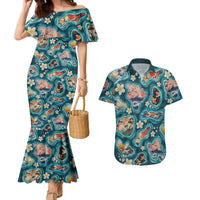Hawaiian and Japanese Culture Together Couples Matching Mermaid Dress and Hawaiian Shirt Hawaiian Island Shapes with Japanese Landscape Teal Color LT03 Teal - Polynesian Pride