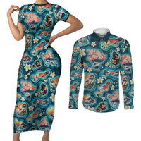 Hawaiian and Japanese Culture Together Couples Matching Short Sleeve Bodycon Dress and Long Sleeve Button Shirt Hawaiian Island Shapes with Japanese Landscape Teal Color LT03 Teal - Polynesian Pride